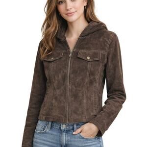 Maxima Wilsons Leather Brown Suede Hood Short Jacket Womens Size Medium Boho